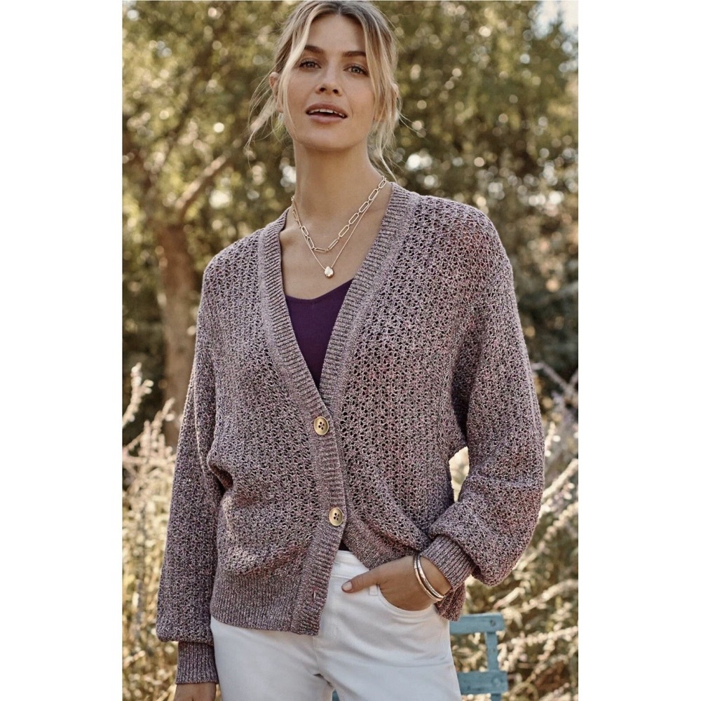 J. Jill Speckled Knit Button Front Cardigan Sweater Lavender Pink Green Size S